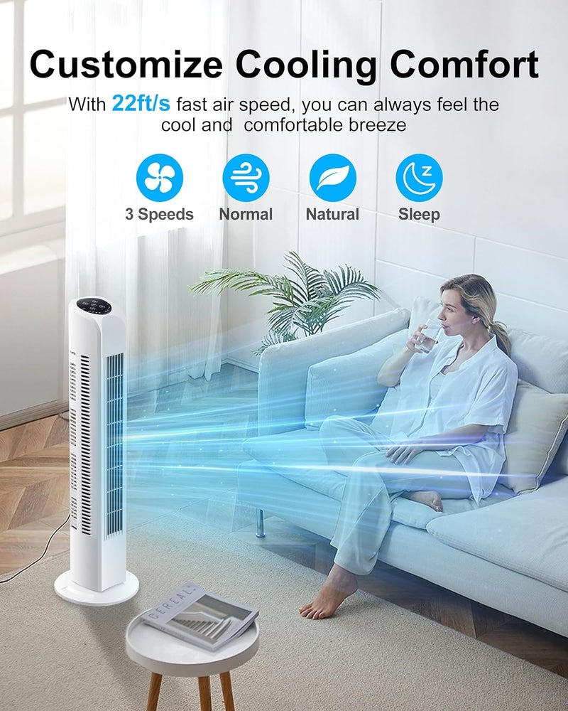 Uthfy Oscillating Bladeless Tower Fan with Remote, Quiet Cooling Portable, Electric Standing Floor Fan with 3 Wind Speeds 3 Modes for Bedroom,Indoor,Office and Home Use, 30", White - Image 2