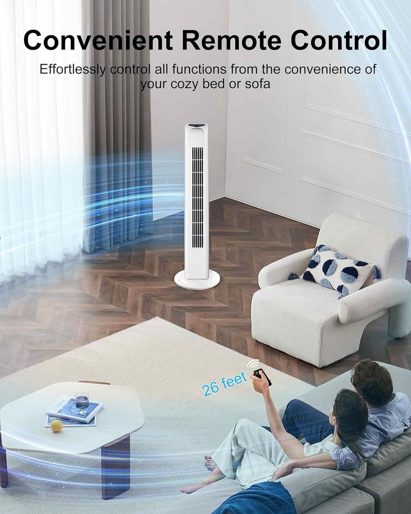 Uthfy Oscillating Bladeless Tower Fan with Remote, Quiet Cooling Portable, Electric Standing Floor Fan with 3 Wind Speeds 3 Modes for Bedroom,Indoor,Office and Home Use, 30", White - Image 4