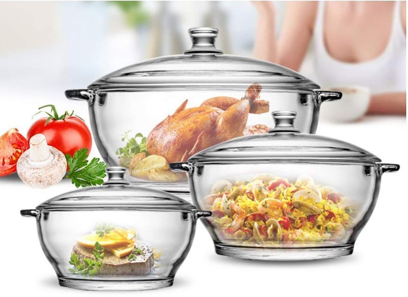 BINZO Glass Casserole with Glass Lids and Handle, Set of 3, 2.5 LTR, 1.5 LTR, 1 LTR, Big Large Size Casserole Dish, Microwave Oven Safe, Serving Containers for Dinner, Sabzi, Dal, Roti, Curry - Image 1