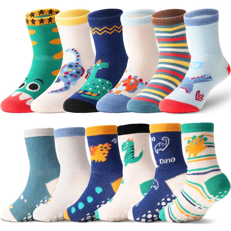ANTSANG 12 Pairs Baby Girls Boys Toddlers Kids Grips Socks Crew Cotton Non-Slip/Anti-Skid Grips Socks(Dinosaur,1-3T) - Image 1