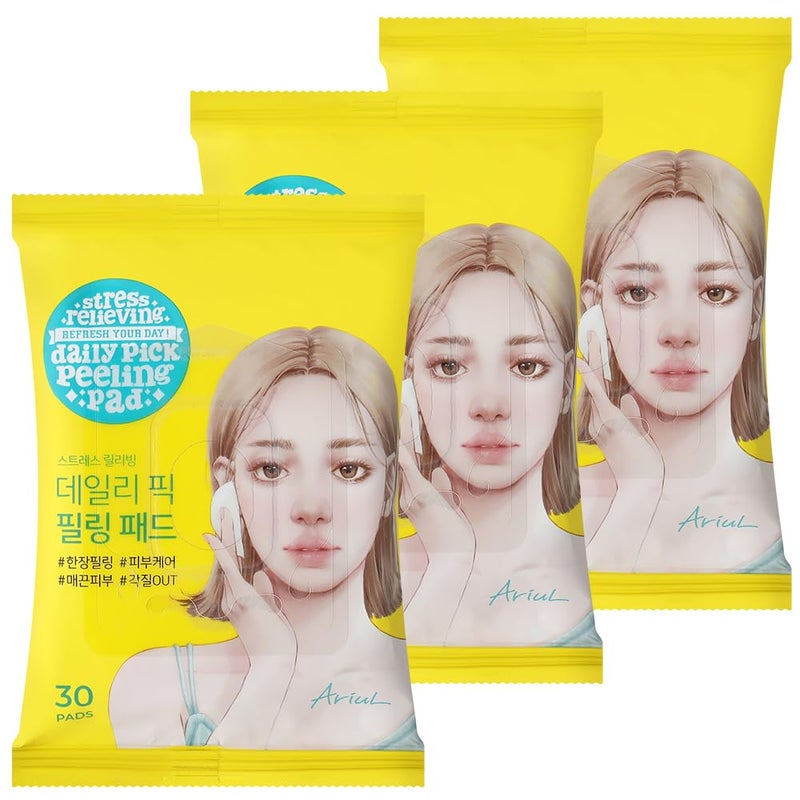 Ariul Stress Relieving Daily Pick Peeling Pads Exfoliation Pore Care DualSided Vegan Fabric Large Size 50 Green Tea Water Korean Skin Care 30 Counts x 3 Packs