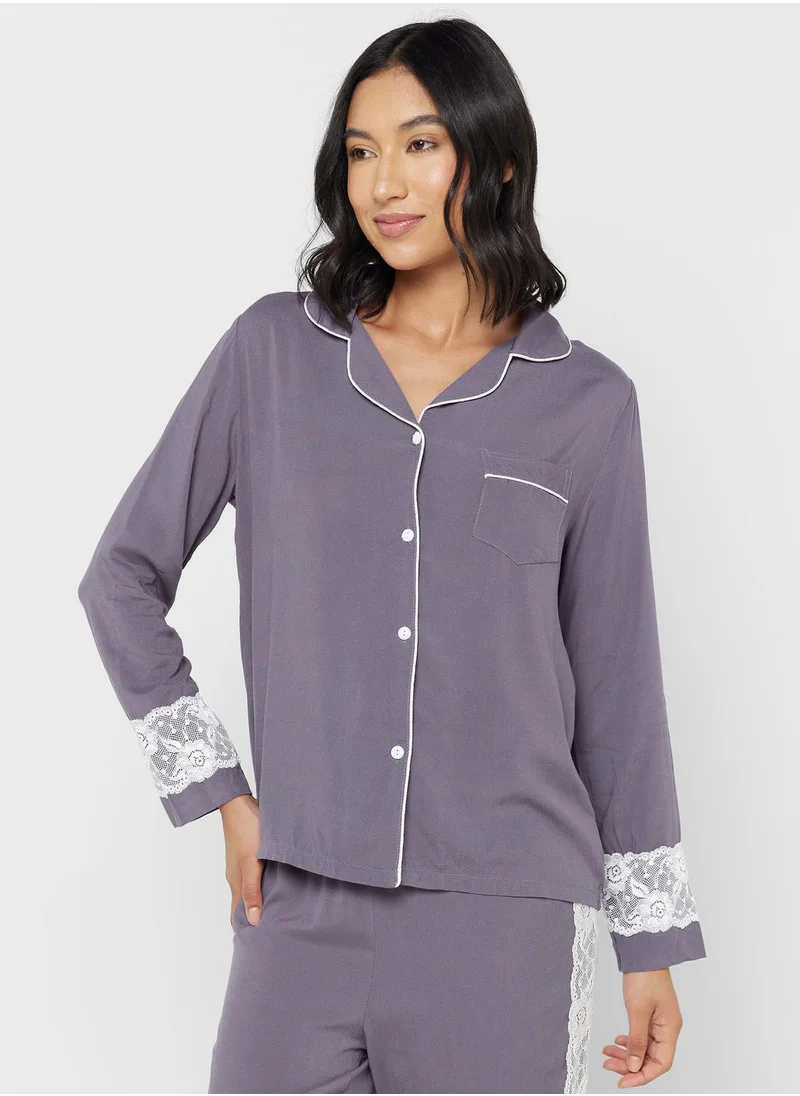 Ginger Lace Detail Shirt & Pyjama Set