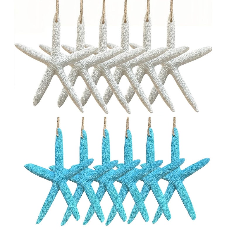 12 Blue Resin Starfish Ornaments With Hanging Strings For Mediterranean Beach Theme Wedding Party Aquarium Decor - Image 1