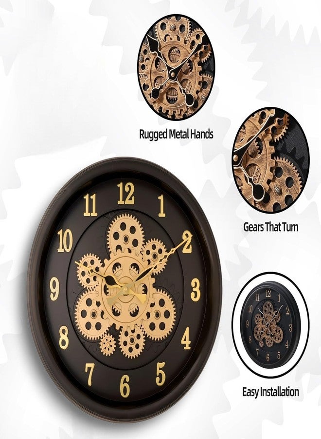De'rons Rotating Moving Gears Wall Clock Industrial Steampunk Real Moving Gear Designer Wall Clock for Living Room Home Decor Office Wooden Look Plastic Round 32cm DC-1387 (Black Golden) - Image 4