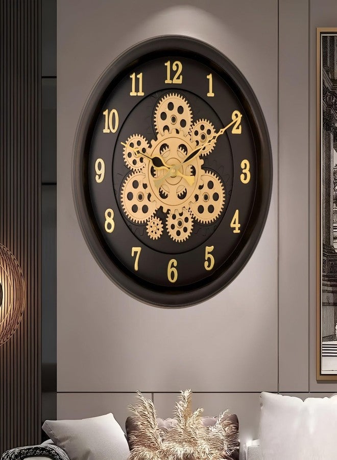 De'rons Rotating Moving Gears Wall Clock Industrial Steampunk Real Moving Gear Designer Wall Clock for Living Room Home Decor Office Wooden Look Plastic Round 32cm DC-1387 (Black Golden) - Image 1