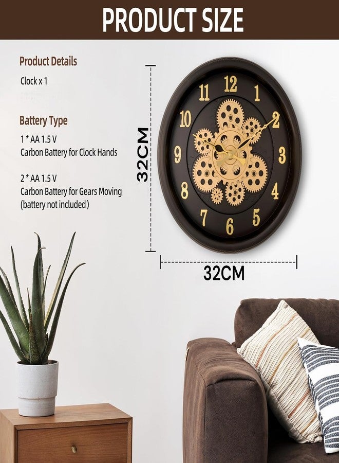 De'rons Rotating Moving Gears Wall Clock Industrial Steampunk Real Moving Gear Designer Wall Clock for Living Room Home Decor Office Wooden Look Plastic Round 32cm DC-1387 (Black Golden) - Image 3