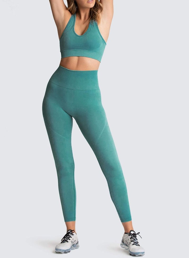 Loquat Fitness Back Bra Solid Color Sports Set Peacock Blue  - Image 1