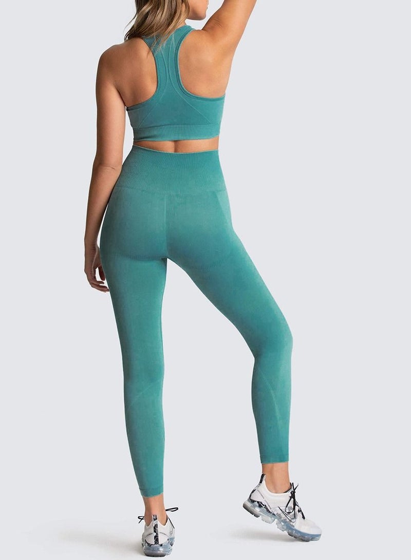 Loquat Fitness Back Bra Solid Color Sports Set Peacock Blue  - Image 3