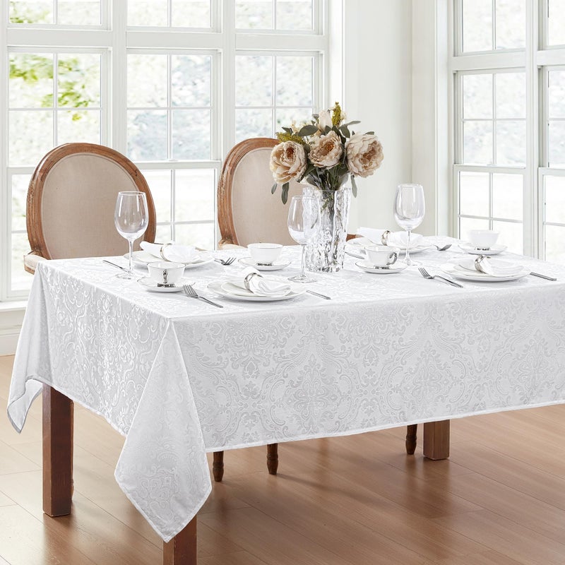 Elrene Home Fashions Caiden Elegance Damask Waterproof Stain Wrinkle Resistant Fabric Tablecloth 60 x 144 OblongRectangle White