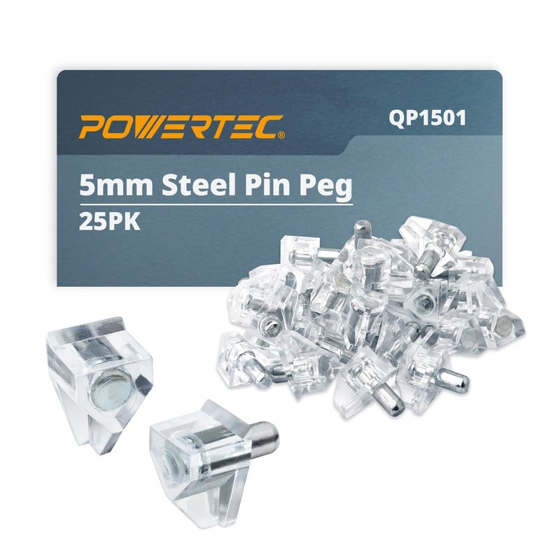 دبابيس رفوف شفافة POWERTEC QP1501 5 مم 25 قطعة دبابيس دعم الرفوف لخزائن المطبخ ورفوف الكتب والخزائن والأثاث مع حوامل رفوف مطلية بالنيكل دبابيس معدنية