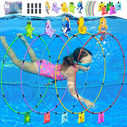 Gushu Diving Toys 15 PCS Pool Toys for Kids Age 4-8 8-12 Water Swim Thru Rings with Buoys and Sandbags Underwater Training Program Swimming Pool Games Water Sports Gifts - Image 1