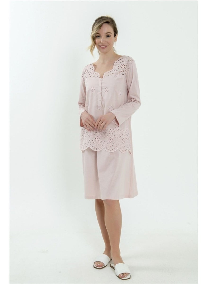 Magic Form - 62108 Women's Powder Embroidered Combed Cotton Long Sleeve Maternity Nightgown - Image 1