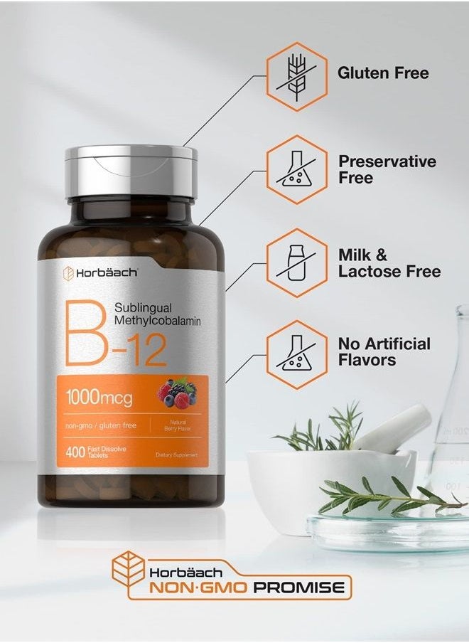 Horbäach - Vitamin B12 Sublingual 1000 mcg | 400 Fast Dissolve Tablets | Methylcobalamin Supplement for Adults | Natural Berry Flavor | Vegan, Vegetarian, Non-GMO, and Gluten Free | by Horbaach - Image 1