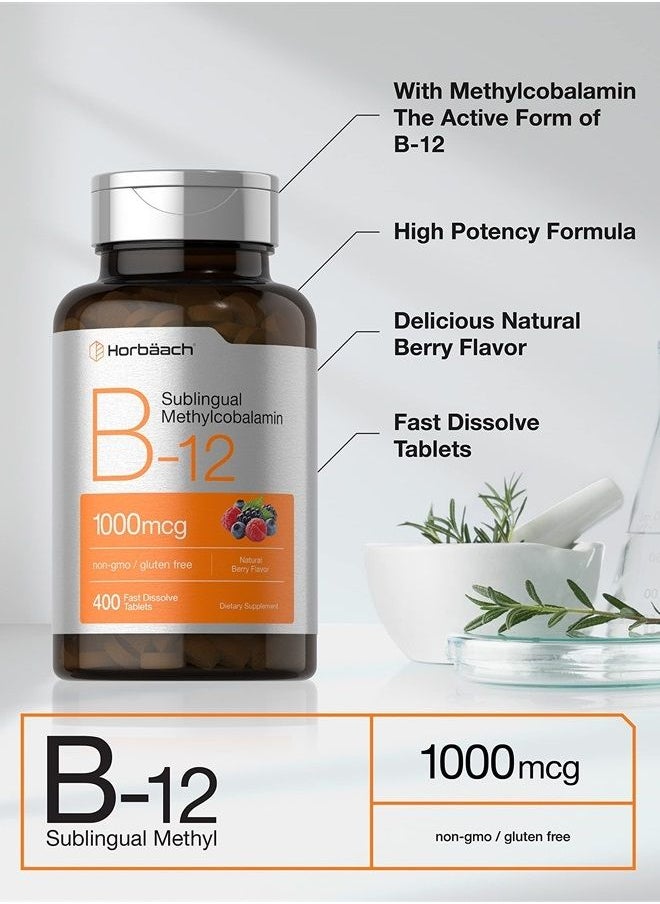 Horbäach - Vitamin B12 Sublingual 1000 mcg | 400 Fast Dissolve Tablets | Methylcobalamin Supplement for Adults | Natural Berry Flavor | Vegan, Vegetarian, Non-GMO, and Gluten Free | by Horbaach - Image 1
