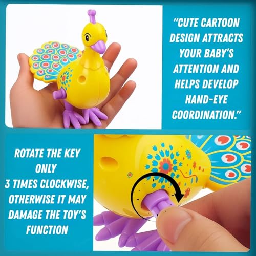 GRAPHENE Jumping Peacock Key Operated Wind Up Toy for Kids Toddlers Colorful Funny Moving Toys for Babies 6-12 Months Battery Free Dancing Toy (Pack of 1) - Image 3
