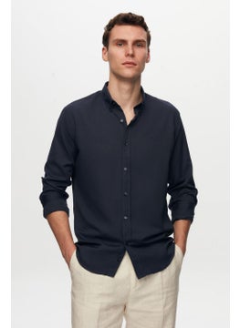 D'S DAMAT Slim Fit Navy Blue Oxford Button-down Collar Easy Ironable Embroidered Detailed Cotton Shirt 4HC02ORT03265  - Image 1