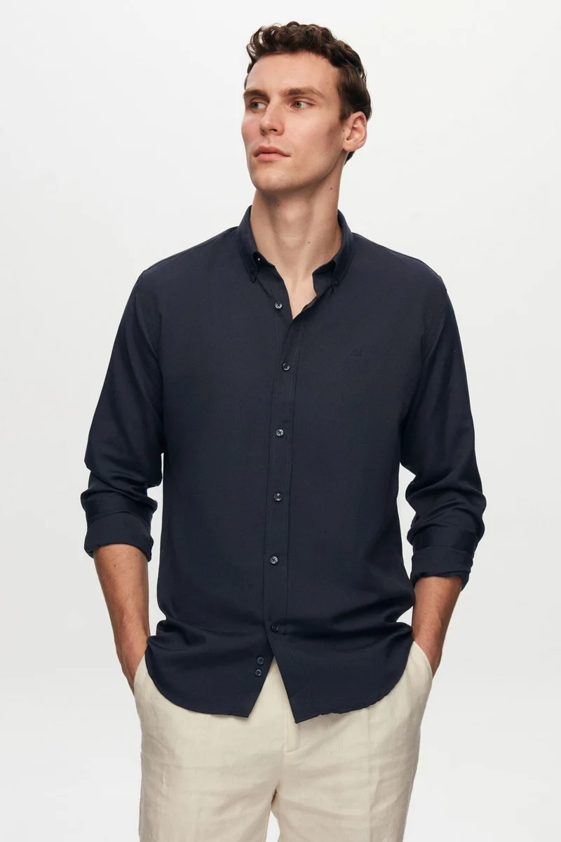 دي أس دامات Slim Fit Navy Blue Oxford Button-down Collar Easy Ironable Embroidered Detailed Cotton Shirt 4HC02ORT03265