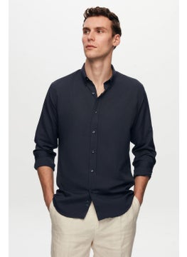 D'S DAMAT Slim Fit Navy Blue Oxford Button-down Collar Easy Ironable Embroidered Detailed Cotton Shirt 4HC02ORT03265  - Image 3