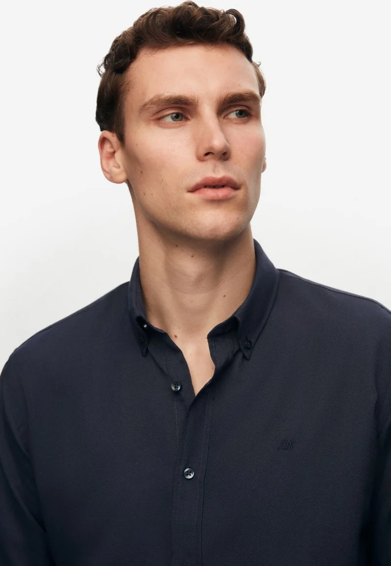 دي أس دامات Slim Fit Navy Blue Oxford Button-down Collar Easy Ironable Embroidered Detailed Cotton Shirt 4HC02ORT03265
