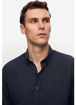 D'S DAMAT Slim Fit Navy Blue Oxford Button-down Collar Easy Ironable Embroidered Detailed Cotton Shirt 4HC02ORT03265  - Image 4