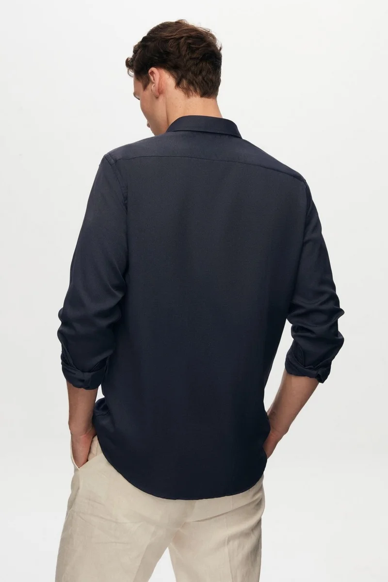 دي أس دامات Slim Fit Navy Blue Oxford Button-down Collar Easy Ironable Embroidered Detailed Cotton Shirt 4HC02ORT03265