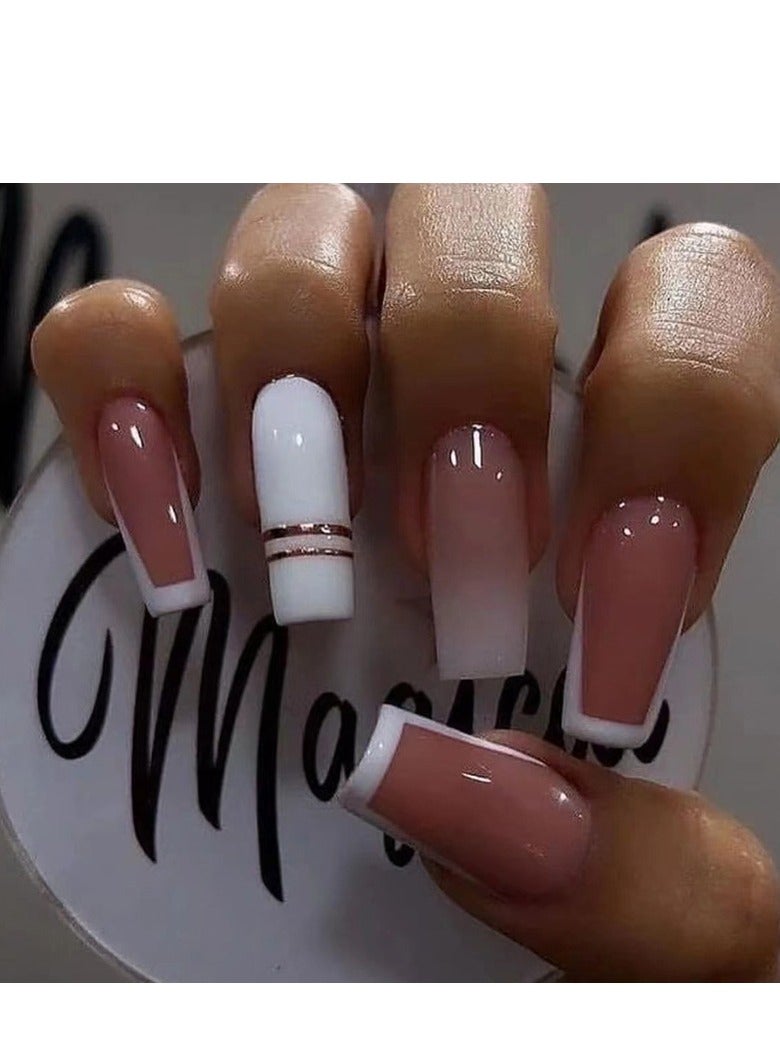 24 Pcs Ballet Press on Nails, Nude & White with Ombre and Rose Gold Stripes Nails, Glossy Stick-on Nails with Gel Glue, Nail File, Cleaning Pad, Wooden Stick, Easy to Apply & Long-Lasting - Image 1