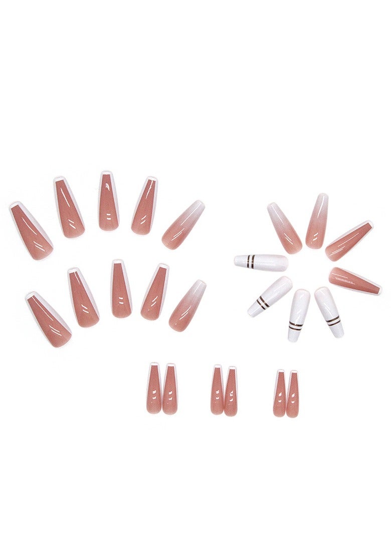 24 Pcs Ballet Press on Nails, Nude & White with Ombre and Rose Gold Stripes Nails, Glossy Stick-on Nails with Gel Glue, Nail File, Cleaning Pad, Wooden Stick, Easy to Apply & Long-Lasting - Image 2
