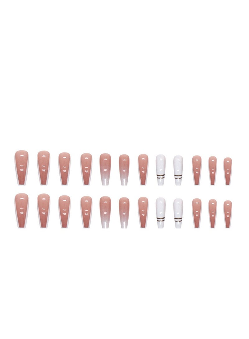 24 Pcs Ballet Press on Nails, Nude & White with Ombre and Rose Gold Stripes Nails, Glossy Stick-on Nails with Gel Glue, Nail File, Cleaning Pad, Wooden Stick, Easy to Apply & Long-Lasting - Image 3
