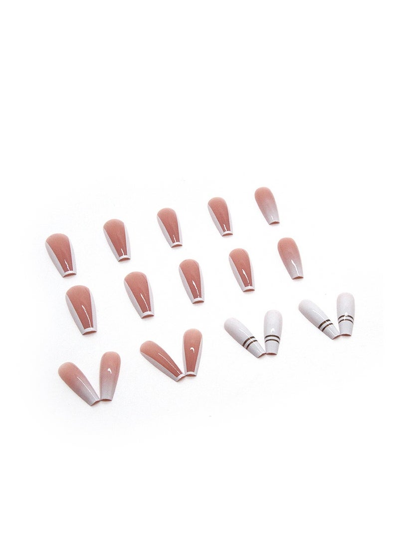 24 Pcs Ballet Press on Nails, Nude & White with Ombre and Rose Gold Stripes Nails, Glossy Stick-on Nails with Gel Glue, Nail File, Cleaning Pad, Wooden Stick, Easy to Apply & Long-Lasting - Image 4