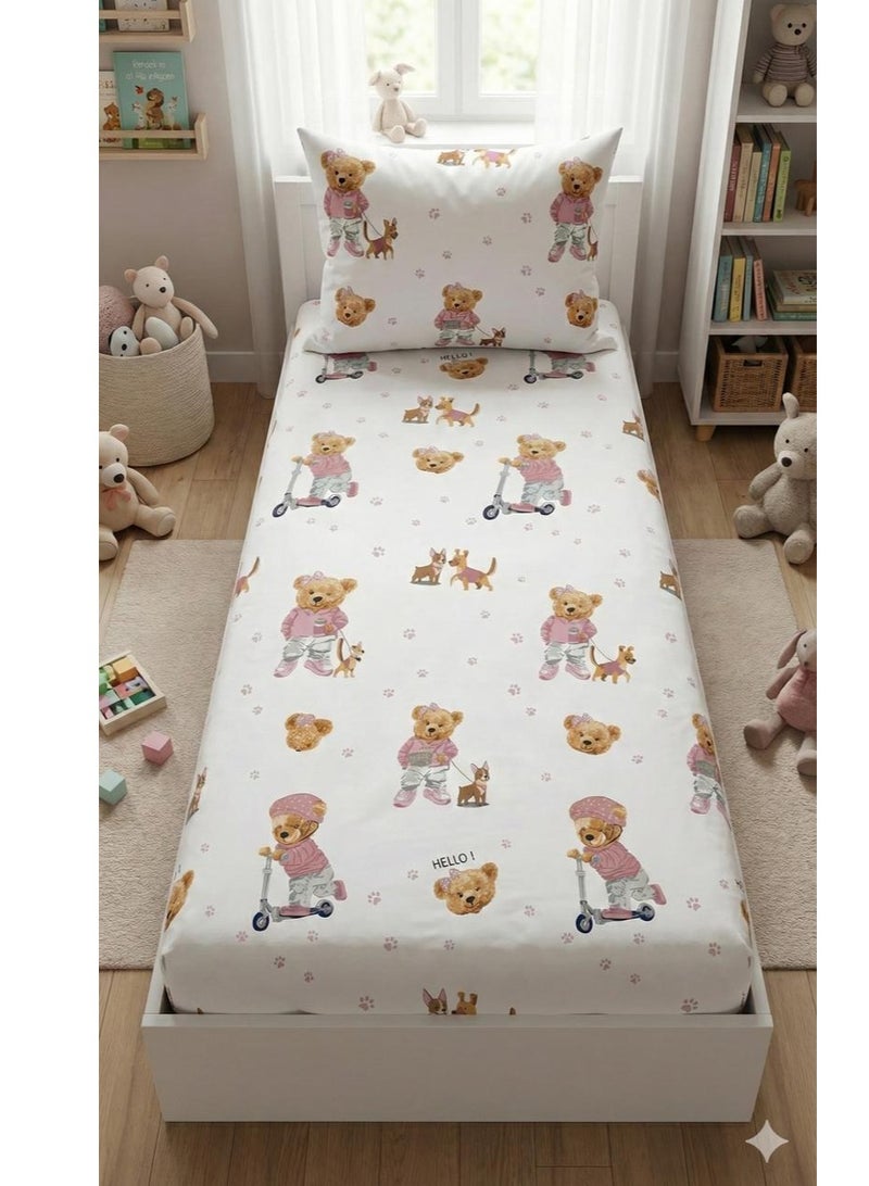 Yarlin-Bed Set (Kids-Fitted Bedsheet for 120 cm beds and Small Pillowcase (Hello Teddy) Design