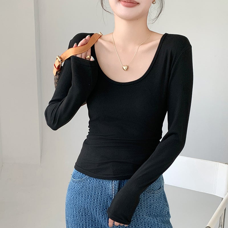 Coconut Fiber Large U-Neck Base Layer Autumn/Winter Brushed Inner T-Shirt Long Sleeve Waist-Controlled Slim Fit Wrinkle Cover Top