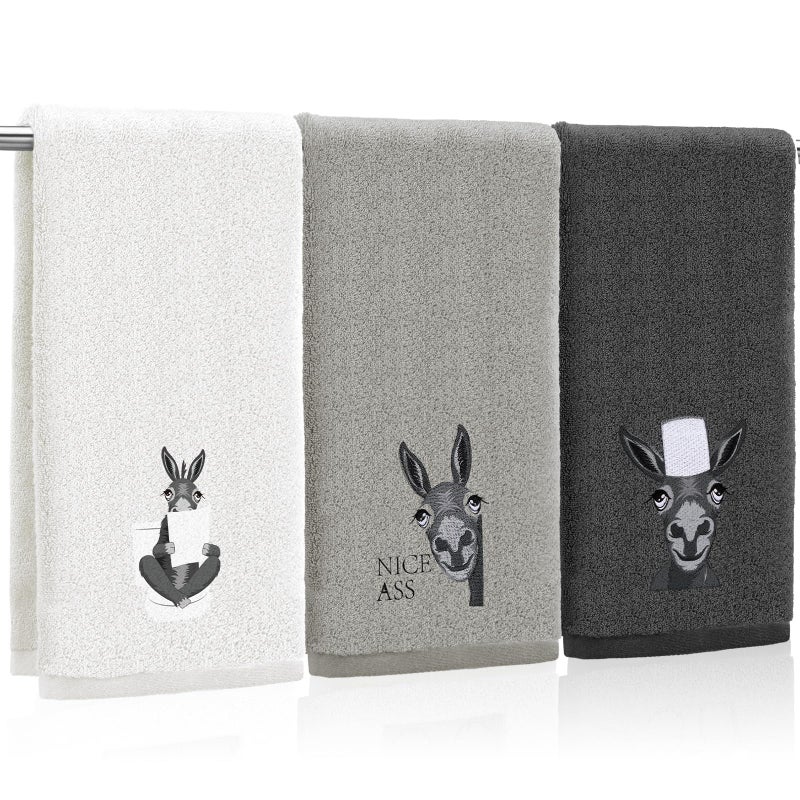 FuWeave 3 Pcs Funny Donkey Hand Towels Embroidered Donkey Farmhouse Decorative Bathroom Towels for Bathroom Kitchen Decor, 100% Cotton, 13.3 x 29.5'' - Image 1