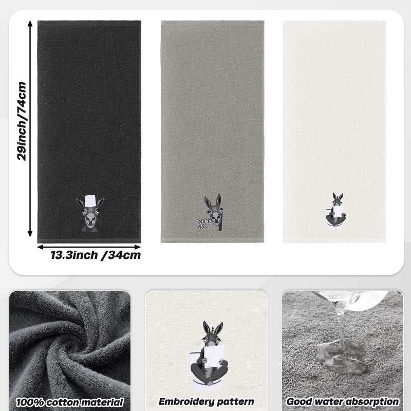FuWeave 3 Pcs Funny Donkey Hand Towels Embroidered Donkey Farmhouse Decorative Bathroom Towels for Bathroom Kitchen Decor, 100% Cotton, 13.3 x 29.5'' - Image 2