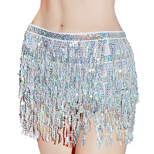 SUMERSHA Belly Dance Hip Scarf Sequin Tassel Skirt Sparkly Fringe Skirt Wrap Halloween Costume Party Rave Clothing, Silver - Image 1