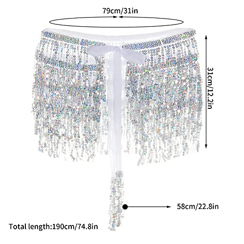 SUMERSHA Belly Dance Hip Scarf Sequin Tassel Skirt Sparkly Fringe Skirt Wrap Halloween Costume Party Rave Clothing, Silver - Image 2