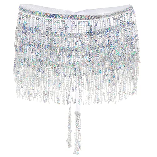SUMERSHA Belly Dance Hip Scarf Sequin Tassel Skirt Sparkly Fringe Skirt Wrap Halloween Costume Party Rave Clothing, Silver - Image 4