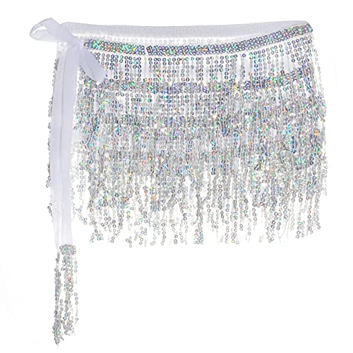 SUMERSHA Belly Dance Hip Scarf Sequin Tassel Skirt Sparkly Fringe Skirt Wrap Halloween Costume Party Rave Clothing, Silver - Image 3