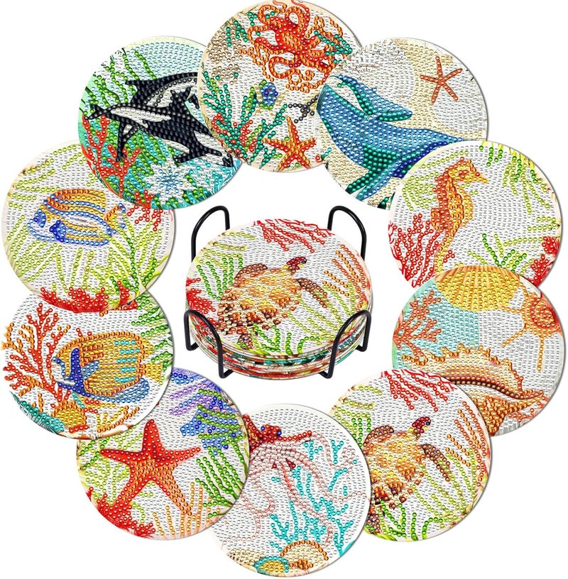 Billbotk Diamond Art Painting Coasters Kit, 10 Pieces Ocean Diamond Art Coasters with Holder, DIY Diamond Arts and Crafts for Adults - Image 1