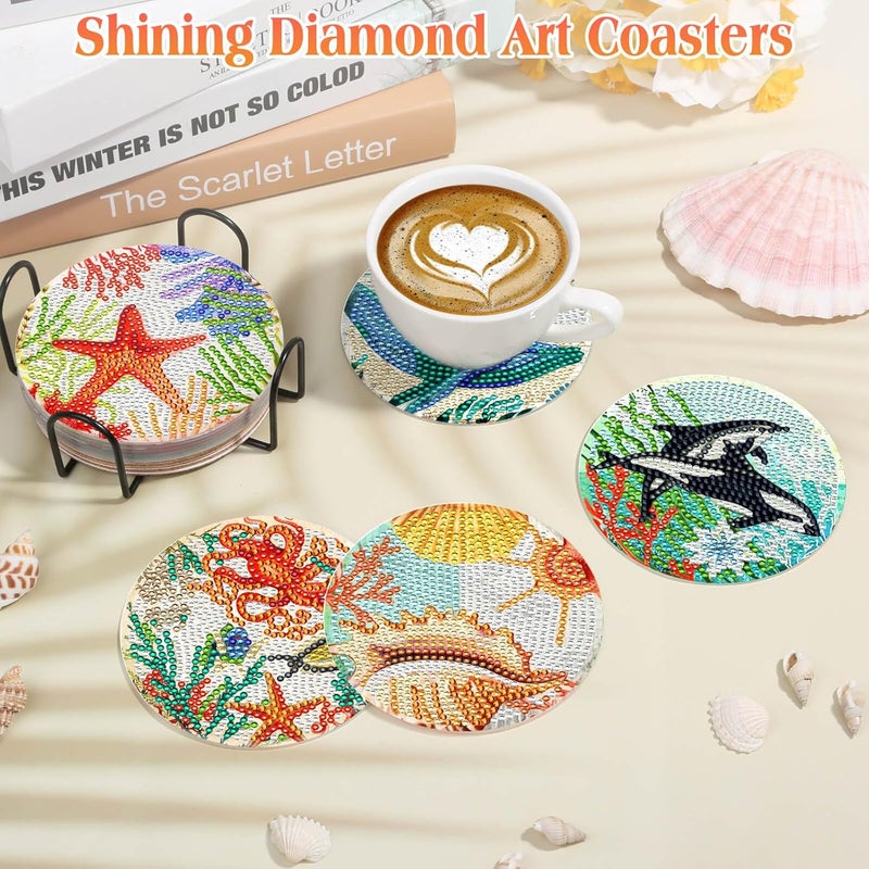 Billbotk Diamond Art Painting Coasters Kit, 10 Pieces Ocean Diamond Art Coasters with Holder, DIY Diamond Arts and Crafts for Adults - Image 2