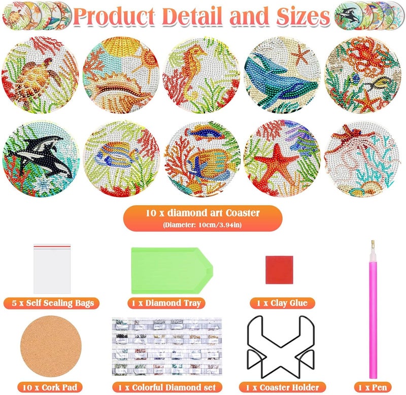 Billbotk Diamond Art Painting Coasters Kit, 10 Pieces Ocean Diamond Art Coasters with Holder, DIY Diamond Arts and Crafts for Adults - Image 3