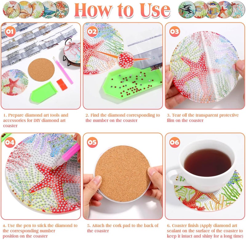 Billbotk Diamond Art Painting Coasters Kit, 10 Pieces Ocean Diamond Art Coasters with Holder, DIY Diamond Arts and Crafts for Adults - Image 5