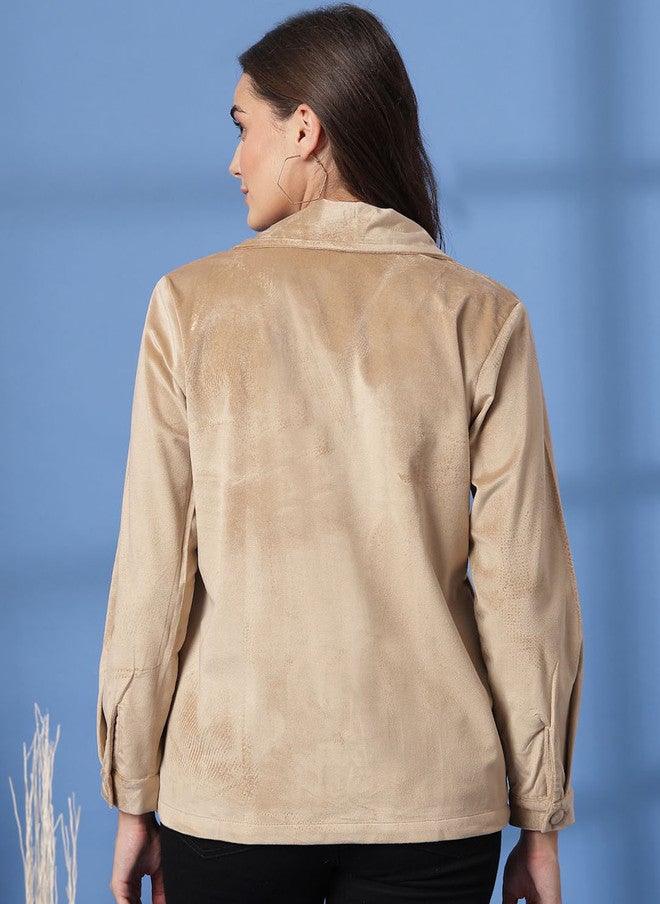 PlusS Beige Velvet Tailored Jacket for Women - Image 5