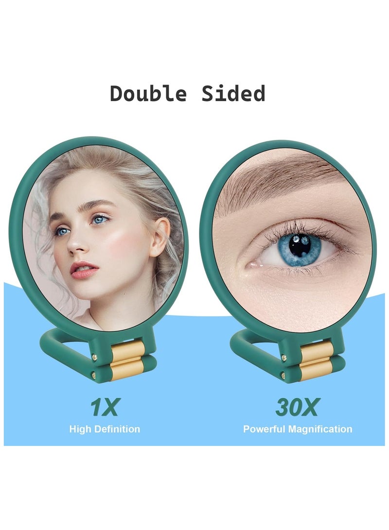 30x Magnifying Mirror, Travel Hand Mirrors with Handle - Double Side Handheld Mirror with 1X 30X Magnification  Adjustable Handle/Stand, Hand Held Foldable Travel Mirror for Makeup(Army Green) - Image 2