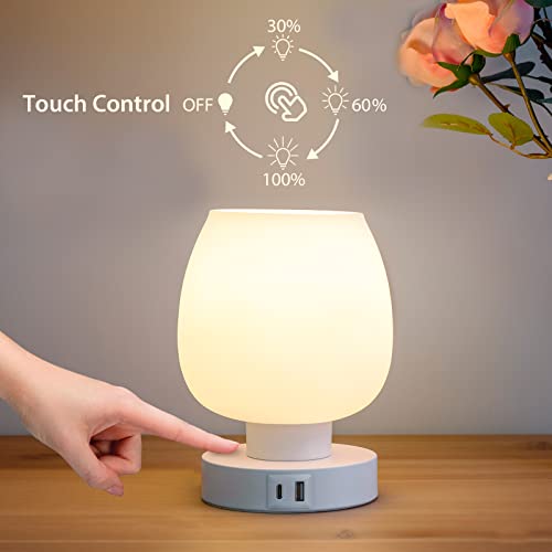 OneWish Touch Bedside Table Lamp - Small Lamp for Bedroom with USB C+A Charging Ports 3 Way Dimmable, Nightstand Desk lamp with White Opal Glass Lamp Shade Warm LED Bulb Included, Simple Design Gifts - Image 2
