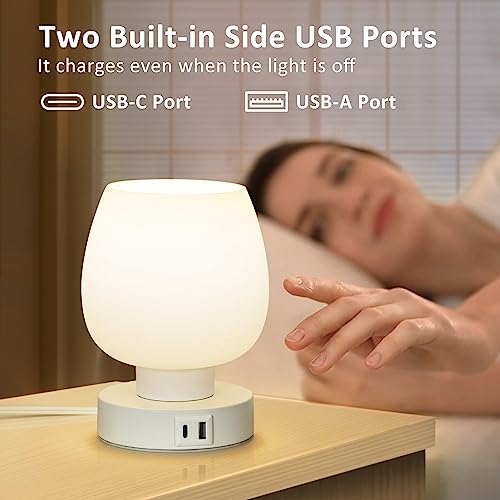 OneWish Touch Bedside Table Lamp - Small Lamp for Bedroom with USB C+A Charging Ports 3 Way Dimmable, Nightstand Desk lamp with White Opal Glass Lamp Shade Warm LED Bulb Included, Simple Design Gifts - Image 3