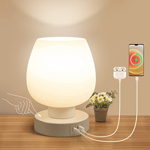 OneWish Touch Bedside Table Lamp - Small Lamp for Bedroom with USB C+A Charging Ports 3 Way Dimmable, Nightstand Desk lamp with White Opal Glass Lamp Shade Warm LED Bulb Included, Simple Design Gifts - Image 1