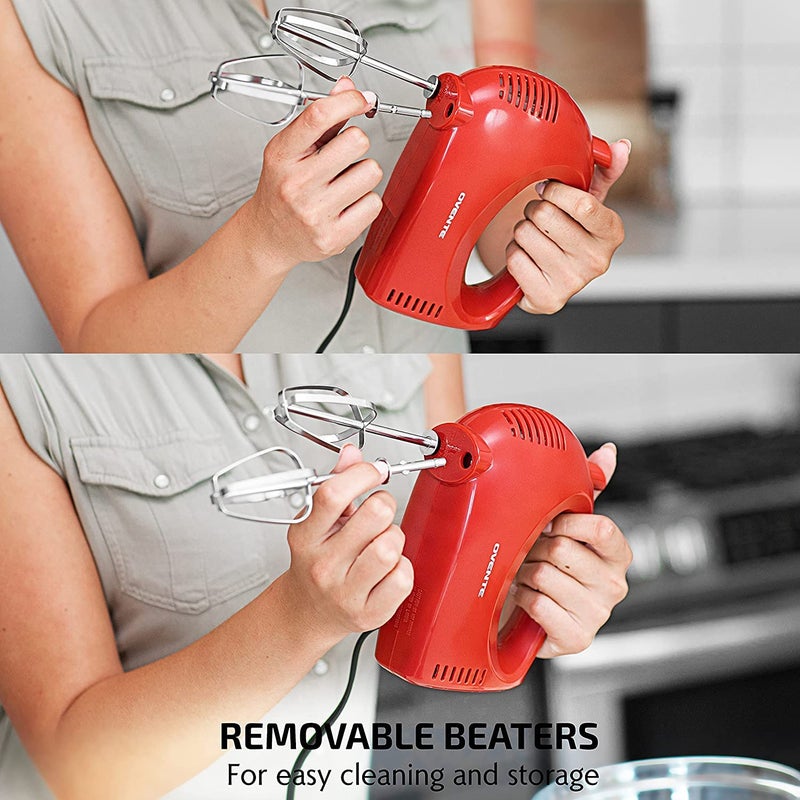 Ovente OVENTE Portable 5 Speed Mixing Electric Hand Mixer with Stainless Steel Whisk Beater Attachments & Snap Storage Case, Compact Lightweight 150 Watt Powerful Blender for Baking & Cooking, Red HM151R  - Image 5