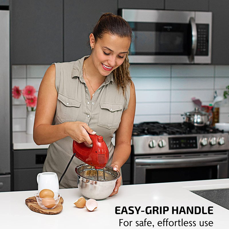 Ovente OVENTE Portable 5 Speed Mixing Electric Hand Mixer with Stainless Steel Whisk Beater Attachments & Snap Storage Case, Compact Lightweight 150 Watt Powerful Blender for Baking & Cooking, Red HM151R  - Image 4