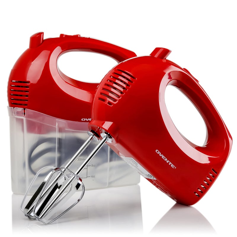 Ovente OVENTE Portable 5 Speed Mixing Electric Hand Mixer with Stainless Steel Whisk Beater Attachments & Snap Storage Case, Compact Lightweight 150 Watt Powerful Blender for Baking & Cooking, Red HM151R  - Image 1