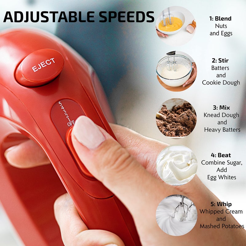 Ovente OVENTE Portable 5 Speed Mixing Electric Hand Mixer with Stainless Steel Whisk Beater Attachments & Snap Storage Case, Compact Lightweight 150 Watt Powerful Blender for Baking & Cooking, Red HM151R  - Image 3